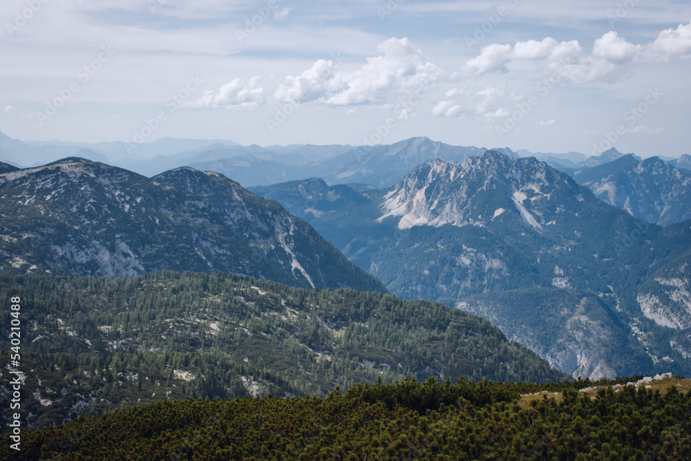 Wide panoramic beautiful view from the Dachstein on a sunny day. Austrian Alps. Viewpoint 5 Fingers  
