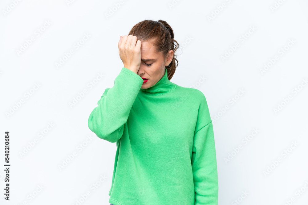 Young caucasian woman isolated on white background with headache Young caucasian woman isolated on white background with headache