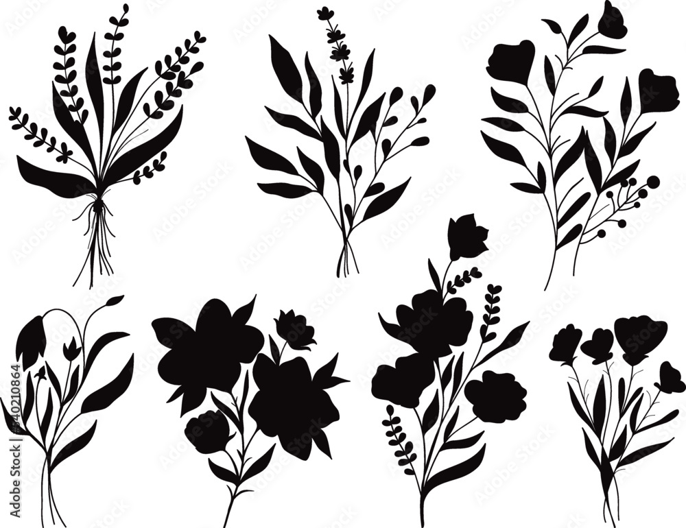 Collection of Flowers isolated vector Silhouettes.