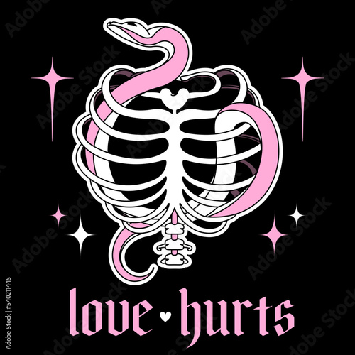 Y2k emo goth aesthetic print with skeleton and slogan: love hurts. Vintage pink sticker isolated on black. Graphic Vector icon. Weird 2000s style.
