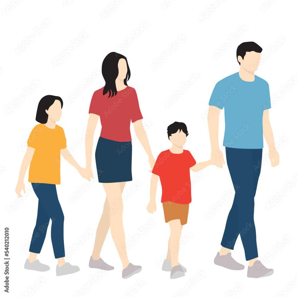 Set of young man, woman and children, family, different colors, a cartoon character, a group of silhouettes of walking people, parents with their son and daughter, design concept of flat icon isolated Set of young man, woman and children, family, different colors, a cartoon character, a group of silhouettes of walking people, parents with their son and daughter, design concept of flat icon isolated