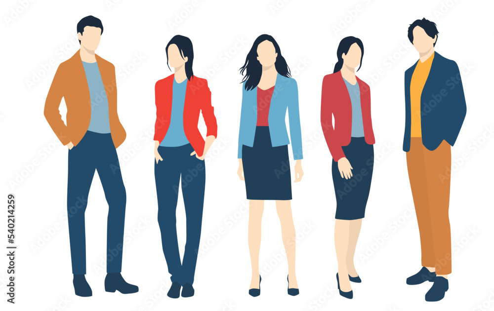 Obraz premium Set of young men and women, different colors, cartoon character, group of silhouettes of standing business people, students, the design concept of flat icon, isolated on white background