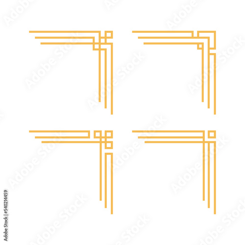 Set of modern graphic corners for vintage gold pattern border. Decorative line frames or geometric frame ornaments.