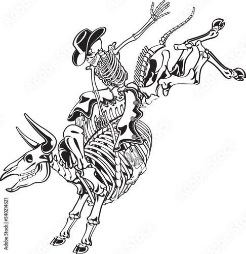Cowboy Skeleton bull riding on a skeleton bull