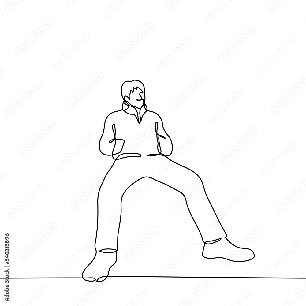 man sits in a jacket with his legs wide apart - one line drawing vector. concept manspreading man sits in a jacket with his legs wide apart - one line drawing vector. concept manspreading