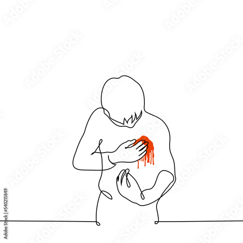 man looks at the blood on his chest in the region of the heart - one line drawing vector. concept a bleeding wound or a metaphor for a man's heart broken from non-reciprocal love or betrayal