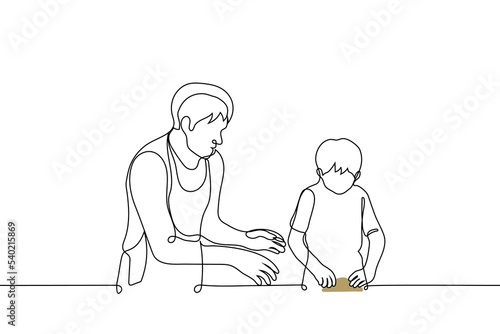 teacher helps child to sculpt from clay - one line drawing vector. concept adult (guardian, parent, teacher, artisan, cook) teaches pottery or cooking (kneading dough)