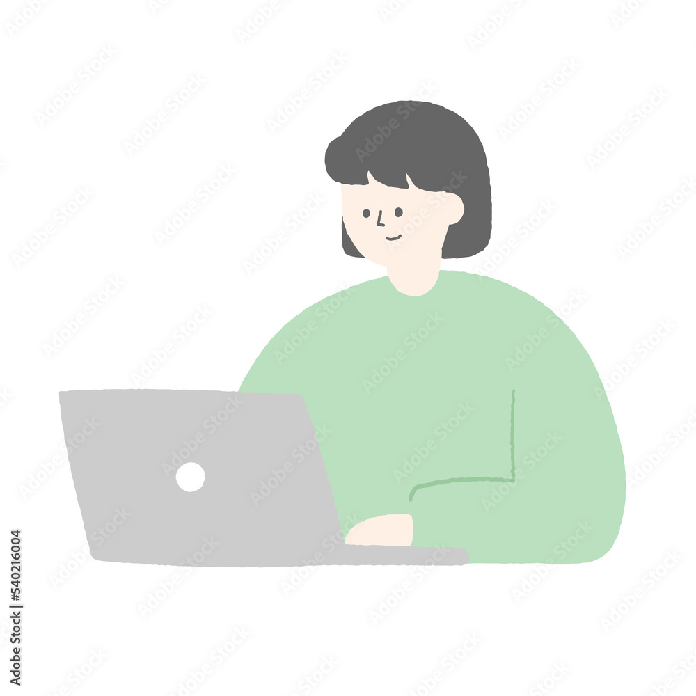 Hand drawn illustration of a woman working on the laptop.