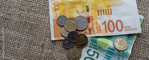 Photos Israeli new shekel banknotes and coins, official currency of Israel (ILS)