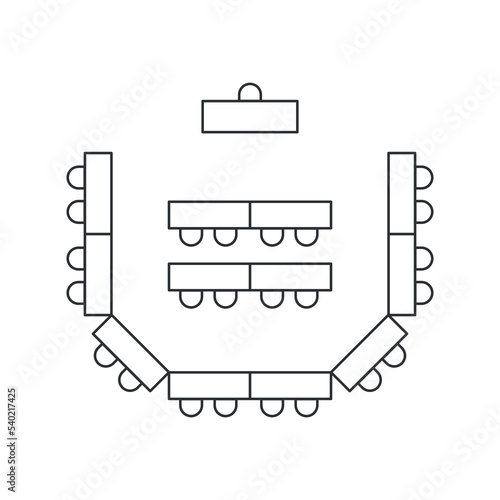 Classroom or restaurant seating scheme. Tables and chairs line icon. Top view furniture interior plan. Vector illustration on white background