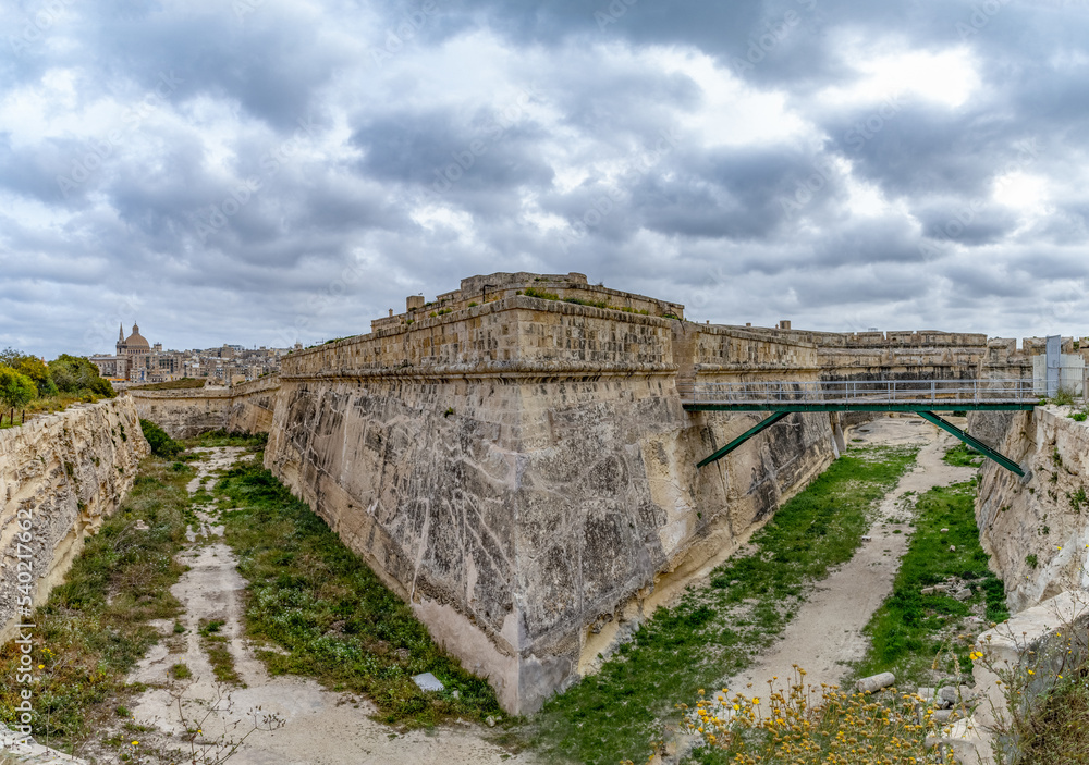 Gzira, - April 11th 2021: Inside the defensive ditch at Fort Manoel, a 18th century star fort built by the Order of Saint John on Manoel Island and later used by the British Army. 