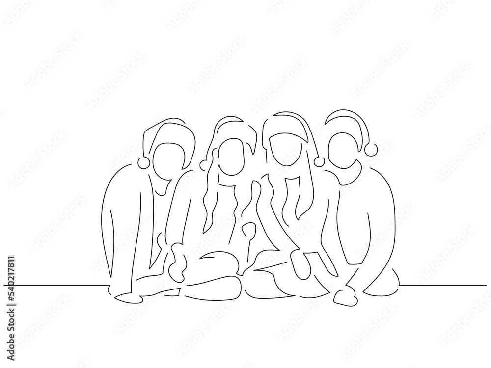 Group of friends in line art drawing style. Composition of a christmas scene. Black linear sketch isolated on white background. Vector illustration design. Group of friends in line art drawing style. Composition of a christmas scene. Black linear sketch isolated on white background. Vector illustration design.