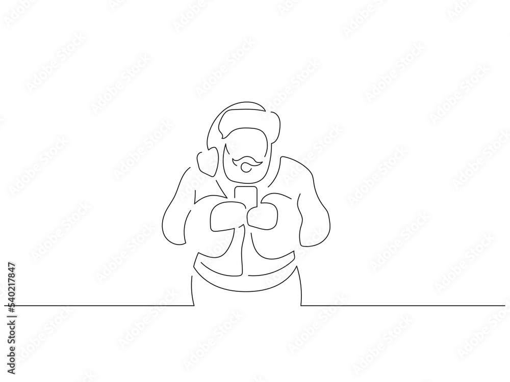 Santa Claus using a smartphone in line art drawing style. Composition of a christmas scene. Black linear sketch isolated on white background. Vector illustration design. Santa Claus using a smartphone in line art drawing style. Composition of a christmas scene. Black linear sketch isolated on white background. Vector illustration design.