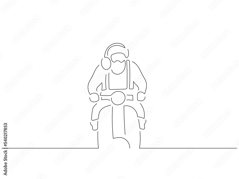 Santa Claus driving a motorcycle in line art drawing style. Composition of a christmas scene. Black linear sketch isolated on white background. Vector illustration design.