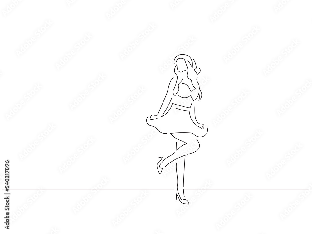Sexy woman in line art drawing style. Composition of a christmas scene. Black linear sketch isolated on white background. Vector illustration design.