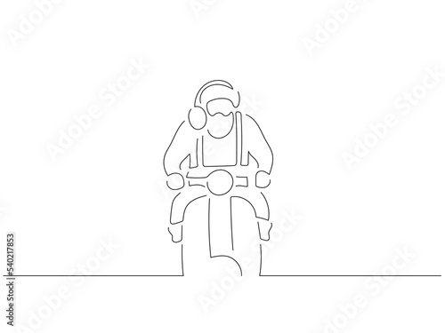 Santa Claus driving a motorcycle in line art drawing style. Composition of a christmas scene. Black linear sketch isolated on white background. Vector illustration design.
