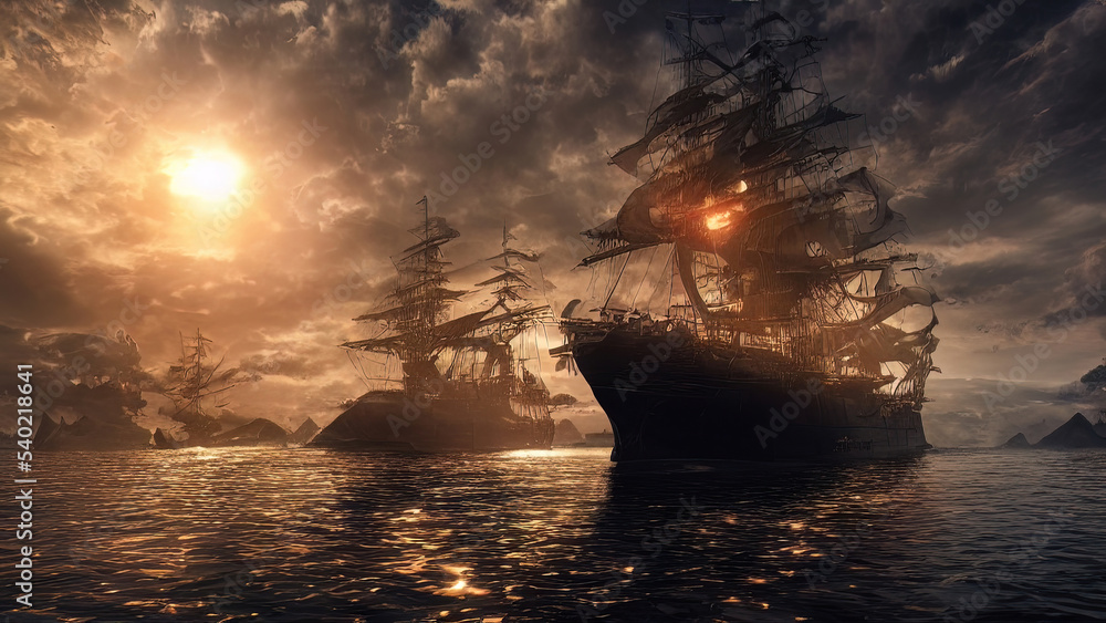 Sea battle. Seascape at sunset, old ships fall apart on the waves after the battle. Fantasy sea pirate landscape. 3D illustration