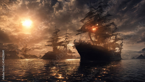 Sea battle. Seascape at sunset  old ships fall apart on the waves after the battle. Fantasy sea pirate landscape. 3D illustration