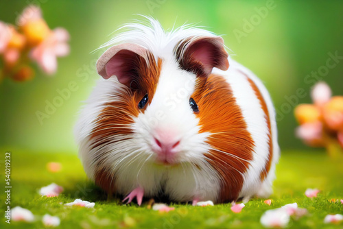cute and adorable cartoon baby guinea pig hamster sitting on grass among flowers  digital painting in 3D cartoon movies style