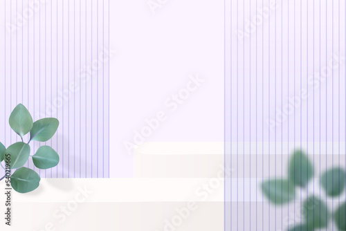 Purple 3d background with product podium and leaves.