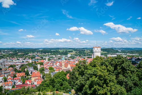 Obraz na płótnie Germany, Panorama view ravensburg city skyline beautiful village in summer blue sky sun above roofs buildings and tower w salonie