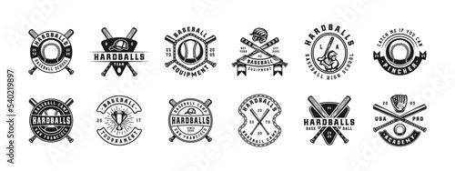 Set of vintage retro baseball game sport emblem, logo, badge, label. mark, poster or print. Monochrome Graphic Art. Vector Illustration. Engraving style.