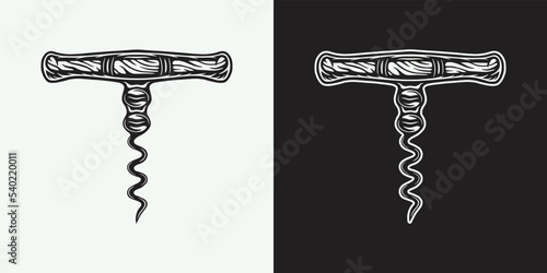 Vintage retro woodcut wine opener. Can be used like emblem, logo, badge, label. mark, poster or print. Monochrome Graphic Art. Vector