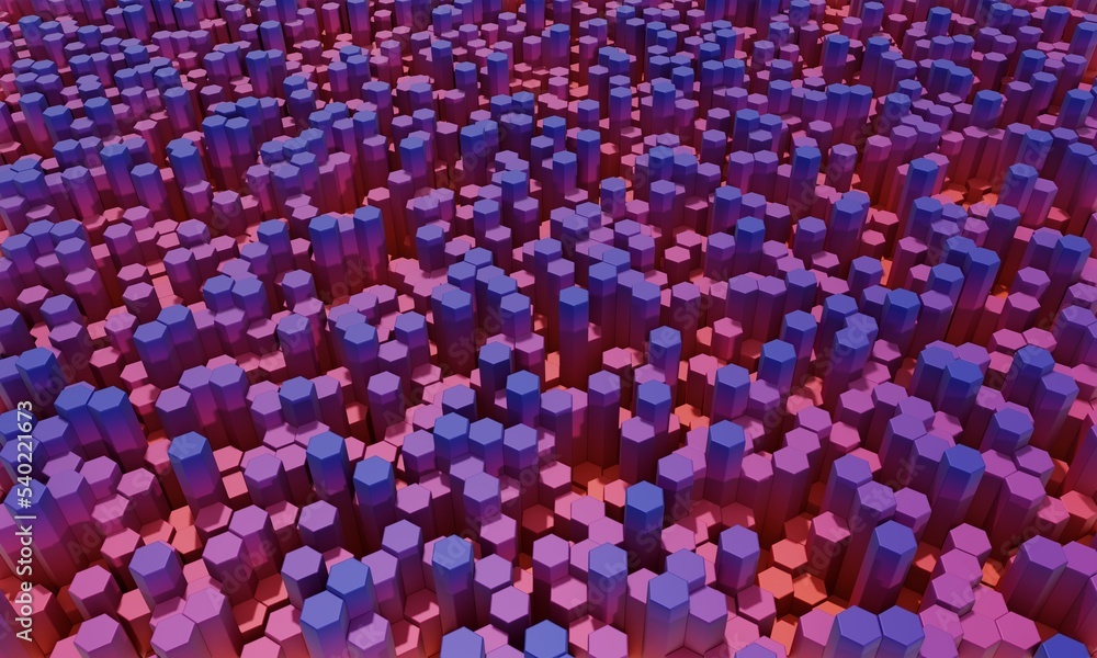 Fototapeta premium Abstract background of colored hexagonal columns with different heights, with different colors based on the column height. Top view 3D render, without depth of field blur.