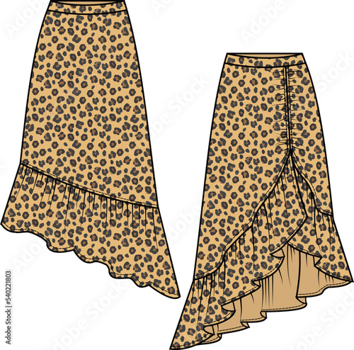 GIRLS AND WOMEN WEAR LONG SKIRT WITH LEOPARD SKIN PATTERN AND PRINT FRONT AND BACK VECTOR SKETCH