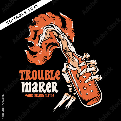 skull hand holding Molotov bomb vector illustration