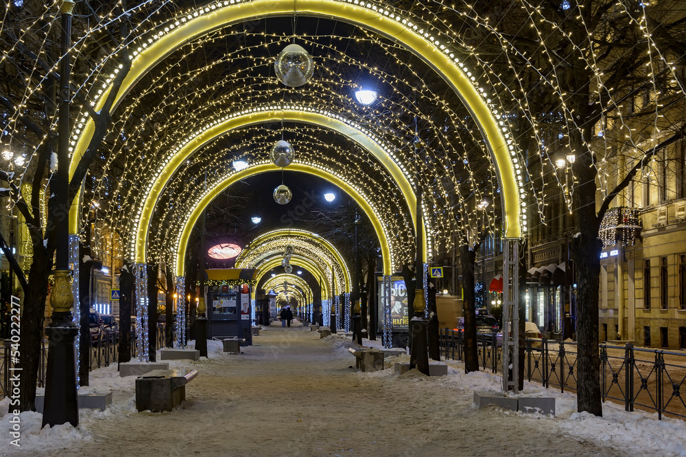 New Year's illumination on the streets of St. Petersburg.
