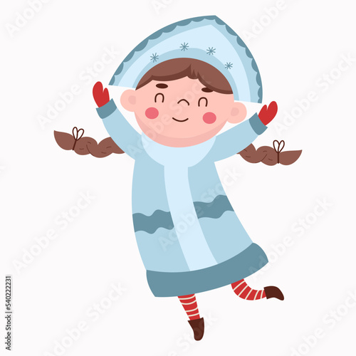 Vector illustration. Beautiful girl wearing long blue coat with white fur. Snow Maiden, traditional Russian Christmas character on white background.