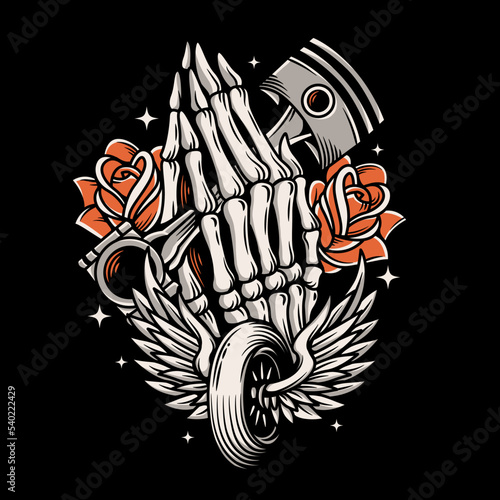 praying skeleton hand with piston and roses vector illustration