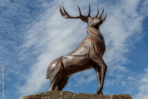 Sculpture of a male deer with antlers in Villardeciervos, Zamora, Spain. Sierra de la Culebra.