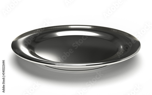Isolated Top View of Empty Silver Plate, Modern Crockery on White Background, Realistic Shot of 3D Illustration.