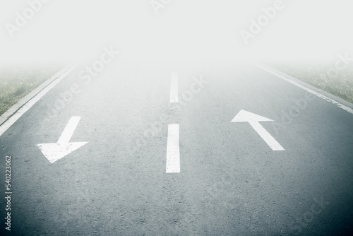 Two wite arrow sight on opposite directionalphalt on road goes into fog. Up and down arrow. Forward and backward direction to unknown future. Line to next stage concept. Direction way sign.