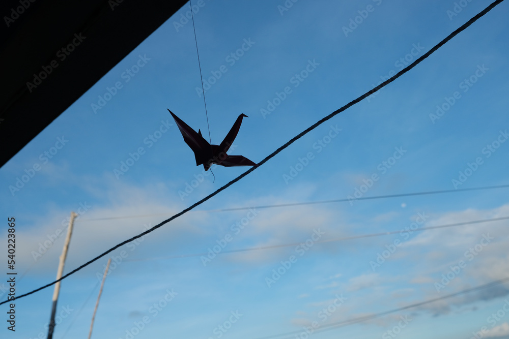 The silhouette of paper crane hanging outside a bajau village school. The silhouette of paper crane hanging outside a bajau village school.