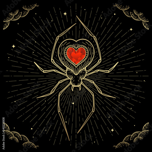 Mystical spider with ruby or red jewel