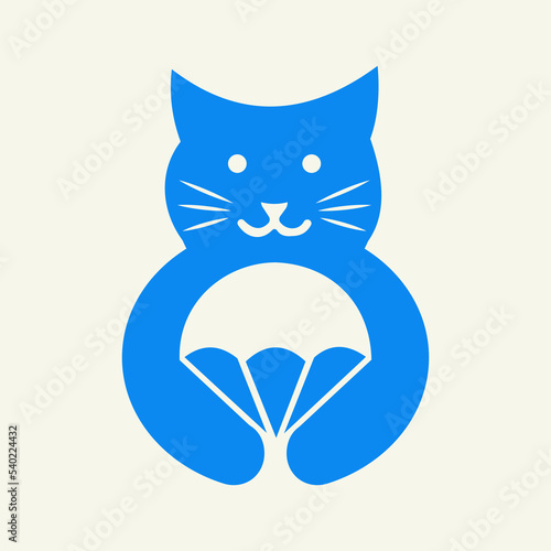 Cat Parachute Logo Negative Space Concept Vector Template. Cat Holding Parachute Symbol