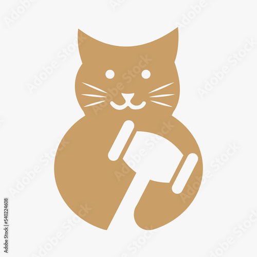 Cat Law Logo Negative Space Concept Vector Template. Cat Holding Hammer Symbol