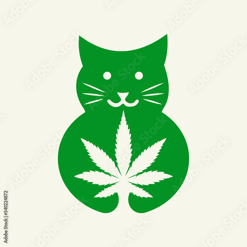 Cat Cannabis Logo Negative Space Concept Vector Template. Cat Holding Marijuana Symbol