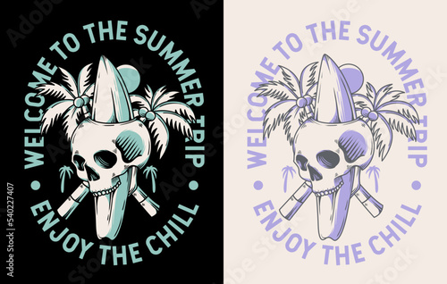 the skull head bite a surfing board vector illustration