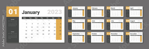 Set of 2023 Calendar Planner Template. Vector layout of a wall or desk simple calendar with week start monday in yellow and grey color for print