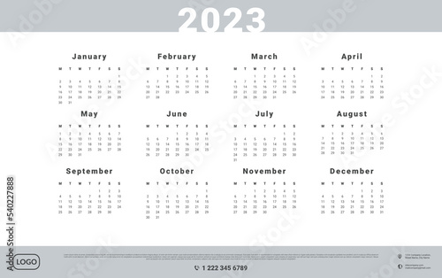 2023 Calendar Template with Place for Company contacts and Logo. Vector layout of a wall or desk simple calendar with week start monday.