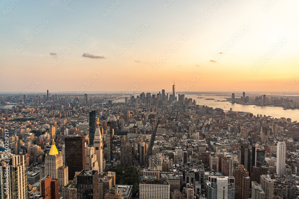 Golden sunset over New York skyscrapers on Manhattan island