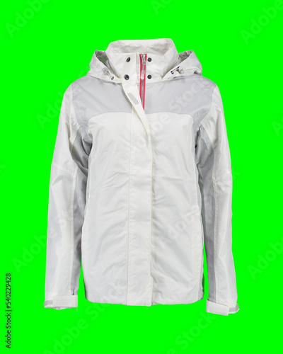 White zip-up raincoat. Isolated image on a green background. Nobody. Front view. photo