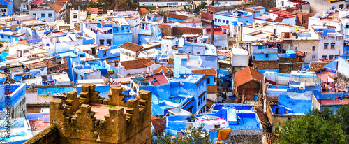 Top view of the streets in the blue city of Chefchaouen. Location: Chefchaouen, Morocco, Africa. Artistic picture. Beauty world © olenatur