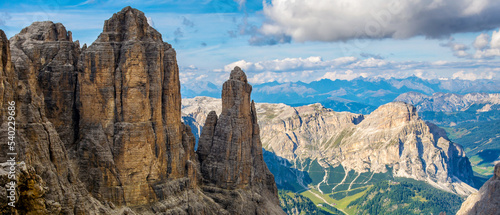 Amazing view from Mountains Sella Ronda, South Tyrol, Dolomites, Italy. Travel in nature. Artistic picture. Beauty world.