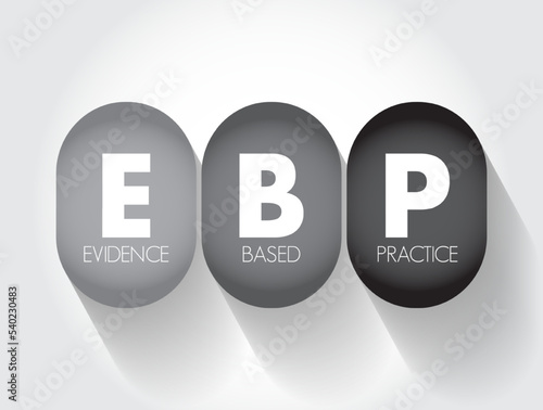 EBP Evidence-based practice - idea that occupational practices ought to be based on scientific evidence, text acronym concept for presentations and reports
