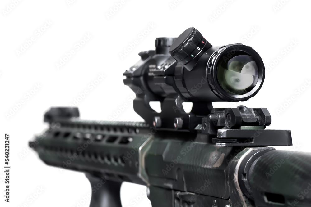 Sniper scope rifle attach on rifle weapon gun isolate on white background Sniper scope rifle attach on rifle weapon gun isolate on white background